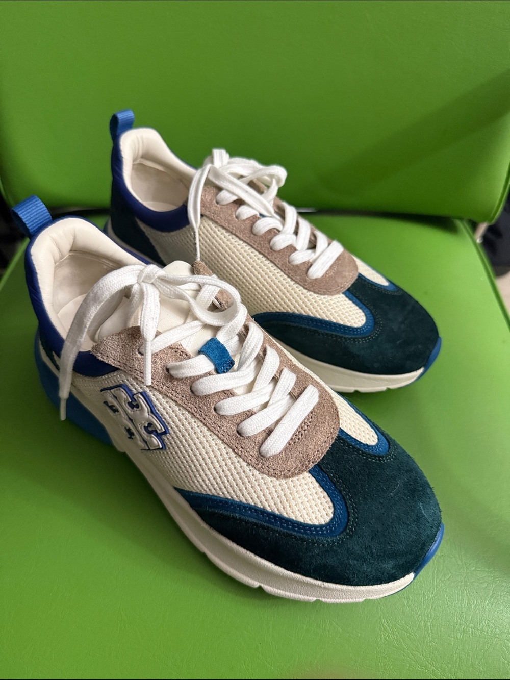 Tory Burch Mixed-Material Sneakers in Blue, Cream & Tan